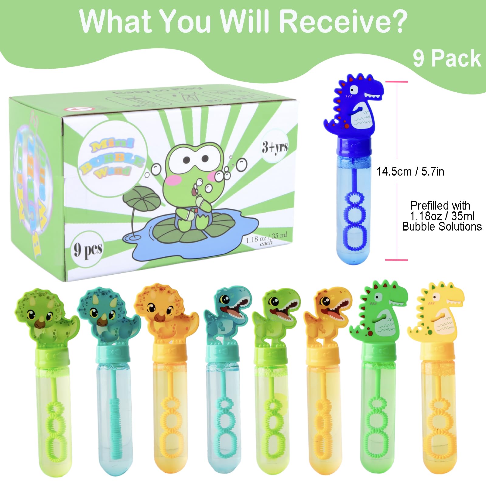 Cartoon Bubble Toys for Kids,Small Bubble Wands Bulk,9 Pack Mini Bubble Sticks with Bubble Solution for Holiday Birthday Party Favors,Classroom Prizes,Outdoor Activity (Dinosaur Designs)