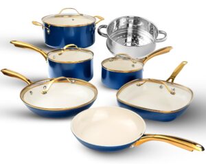 gotham steel 12 pc ceramic pots and pans set non stick, kitchen cookware sets, pot and pan set, ceramic cookware set, non toxic cookware set, non stick pots and pan set, dishwasher safe - cream navy