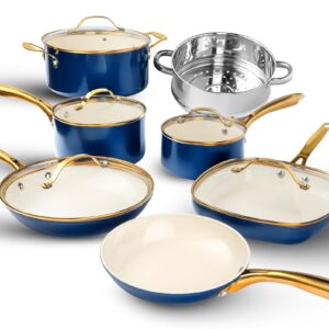 Gotham Steel 12 Pc Ceramic Pots and Pans Set Non Stick, Kitchen Cookware Sets, Pot and Pan Set, Ceramic Cookware Set, Non Toxic Cookware Set, Non Stick Pots and Pan Set, Dishwasher Safe - Cream Navy