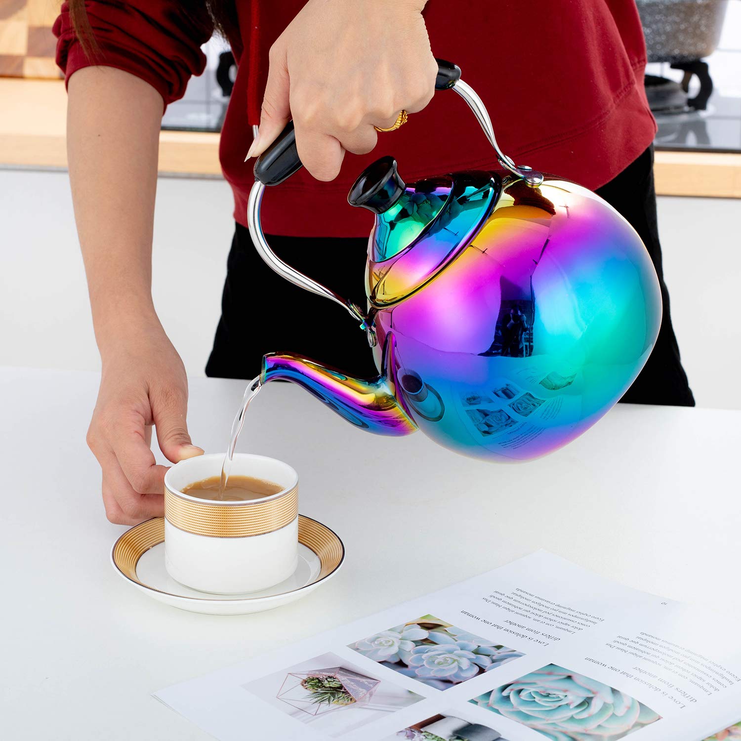 Whistling Tea Kettle for Stovetop Induction Stainless Steel Tea pot Whistle Kettles Gas Stove Top Fast Boiling Water Modern Rainbow Iridescent Color Mirror Finish 2 Quart