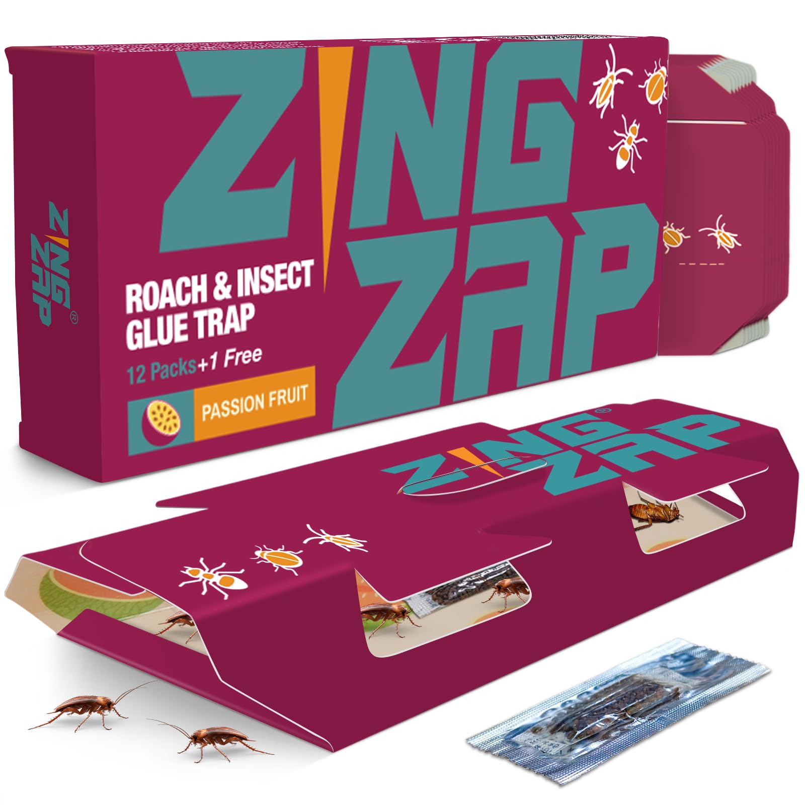 ZingZap Roach Glue Trap Passion Fruit 13-Pack, Capsulated Natural Ingredients Bait, 2X Faster Catch, Sticky Glue Trap for Roaches, Ants, Millipedes, Silverfish & Beetles, Children-&-Pet-Safe