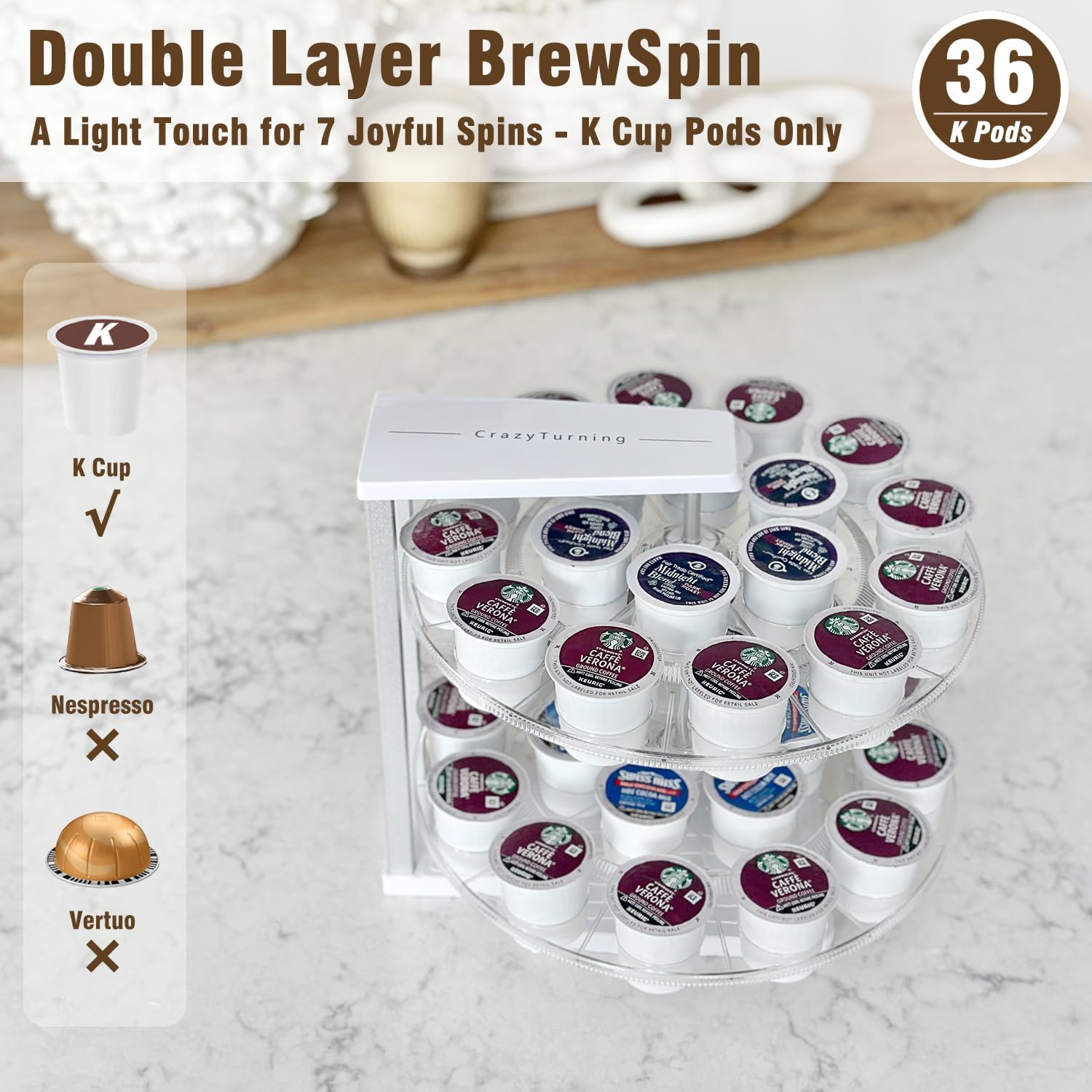 CrazyTurning K Cup Holder, K Cup Organizer, kcup 36 Coffee Pod Holder, 360° Double Layer Rotation Storage, kcup Lazy Susan for Coffee Station Countertop Cabinet - 36 K Pods