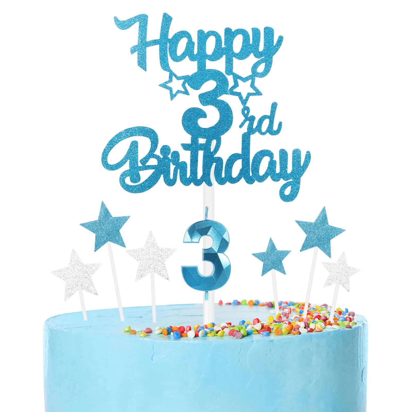 iNINGER 3rd Happy Birthday Candles Cake Toppers,Blue Number 3 Candle for Cake,Cake Candles for 3rd Birthday Decorations,Star Cake Toppers for Boys Girls Birthday Party 3rd Wedding Anniversary