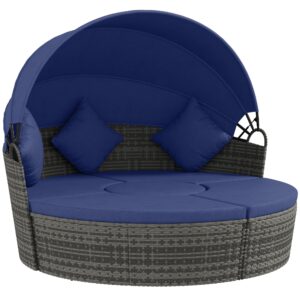 outsunny 4 piece round rattan daybed, convertible patio furniture set, adjustable sun canopy, sectional outdoor sofa, 2 chairs, extending tea table ottoman chair, 3 pillows, dark blue