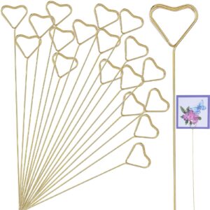 mabor 20pcs flower card holder stick, metal floral place card holder 11.8 inche heart shape flower card holders gold metal card picture holder pick for wedding and party