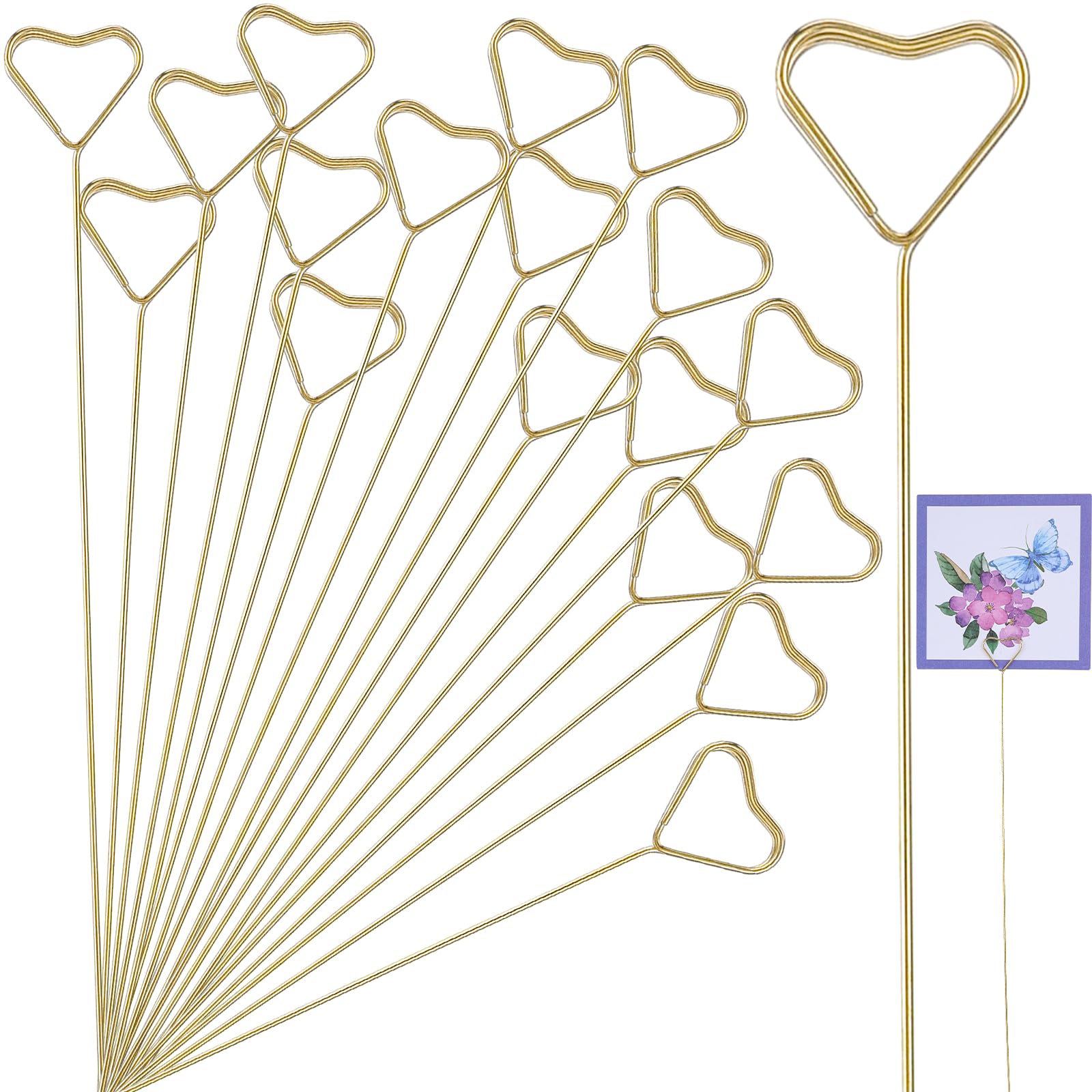 Mabor 20Pcs Flower Card Holder Stick, Metal Floral Place Card Holder 11.8 inche Heart Shape Flower Card Holders Gold Metal Card Picture Holder Pick for Wedding and Party