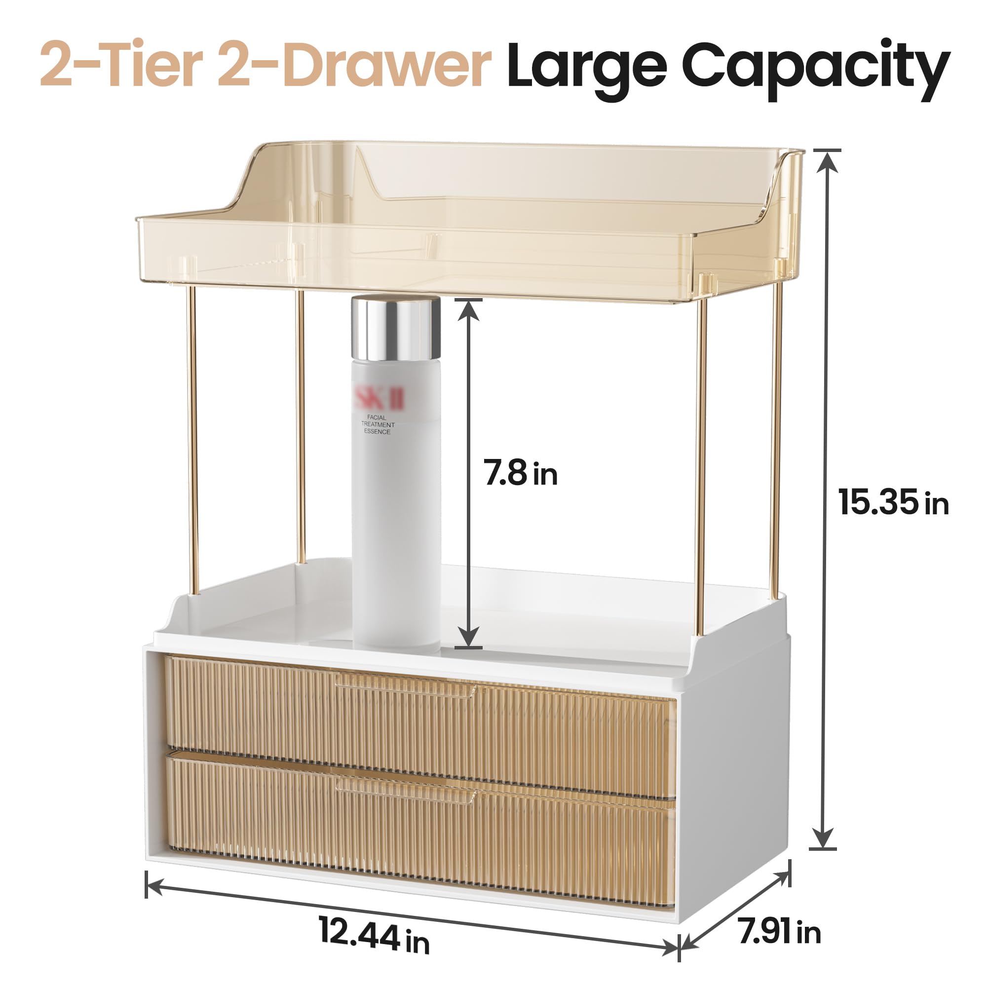 Delamu 2-Tier 2-Drawer Bathroom Organizer Countertop, Multi-Purpose Makeup Organizer Countertop, Large Skincare Organizers, Exquisite Vanity Organizer, Amber