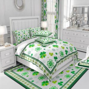 Manfei St. Patrick's Day Duvet Cover Set Queen Size, Lucky Clovers Comforter Cover with 2 Pillowcases, Green Shamrocks Bedding Set 3pcs for Kids Boys Girls Bedroom Decor Lightweight Bedspread Cover