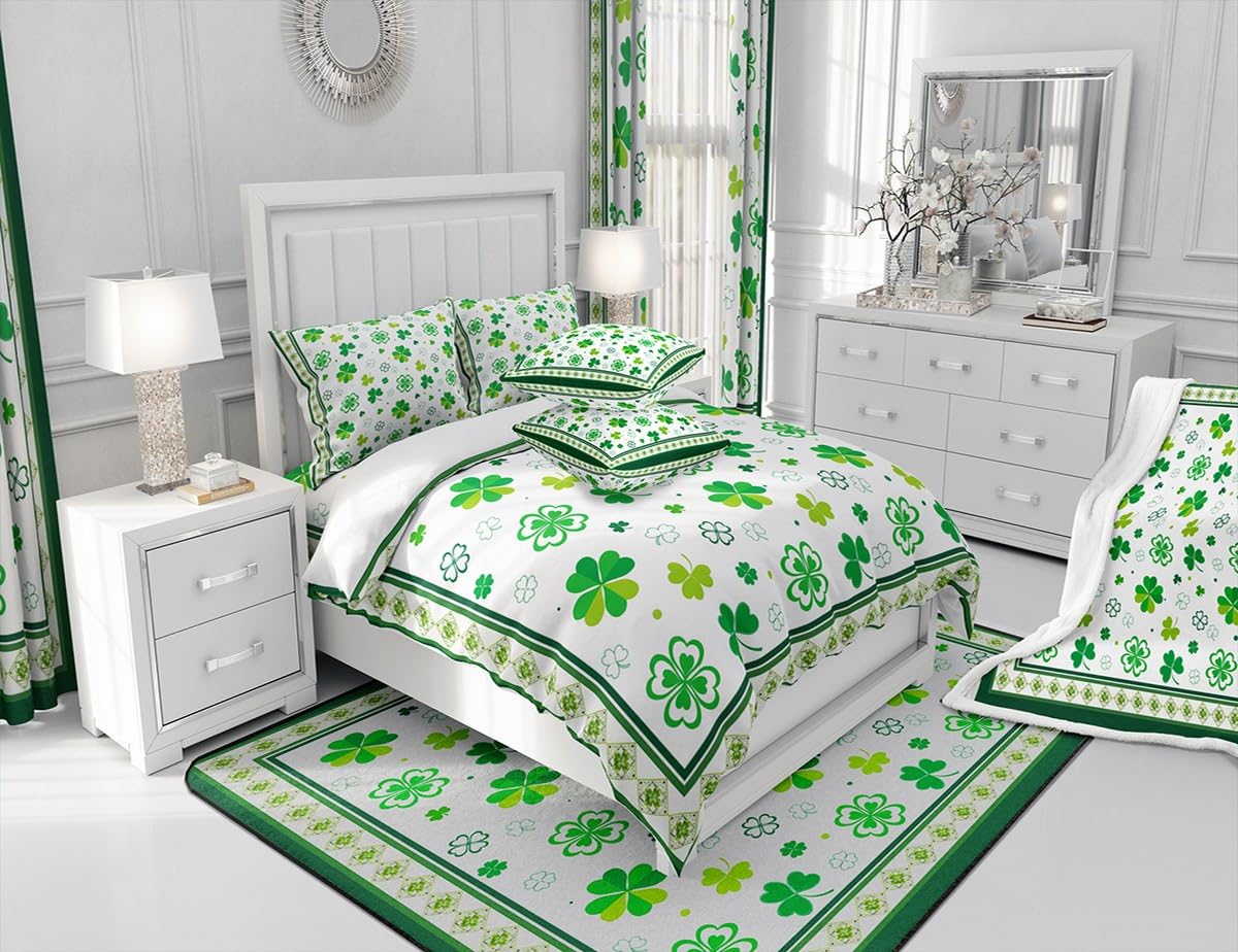 Manfei St. Patrick's Day Duvet Cover Set Queen Size, Lucky Clovers Comforter Cover with 2 Pillowcases, Green Shamrocks Bedding Set 3pcs for Kids Boys Girls Bedroom Decor Lightweight Bedspread Cover