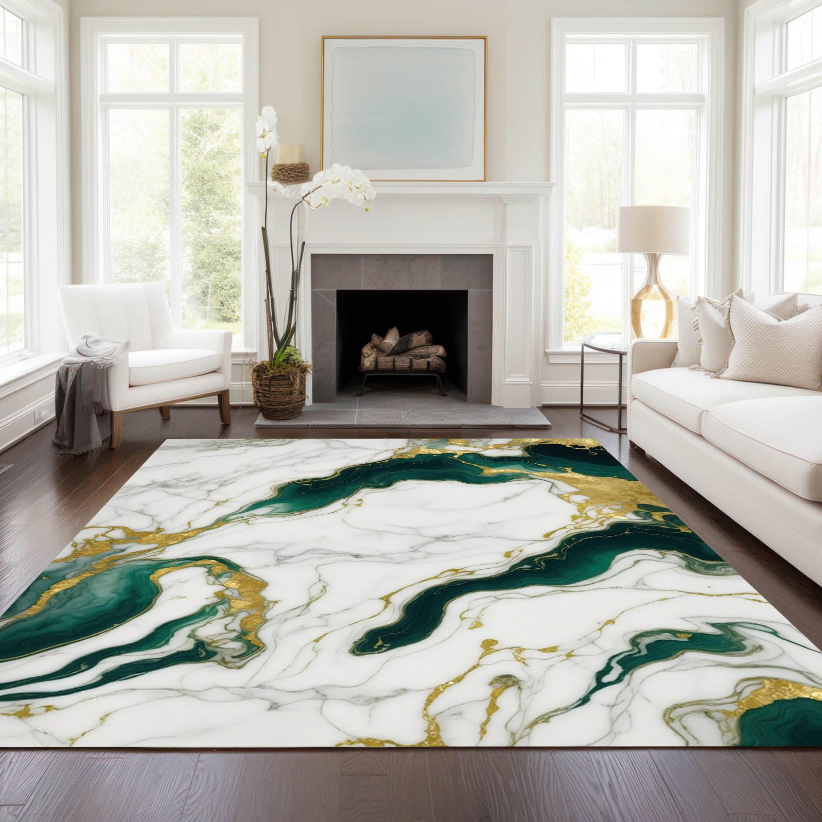 Marble Swirl Modern Abstract Emerald Green Grey Gold Area Rug for Living Room Bedroom Ultra Soft Wool Carpet Under Dining Table Lux Aesthetic Home Office Carpets 5x7