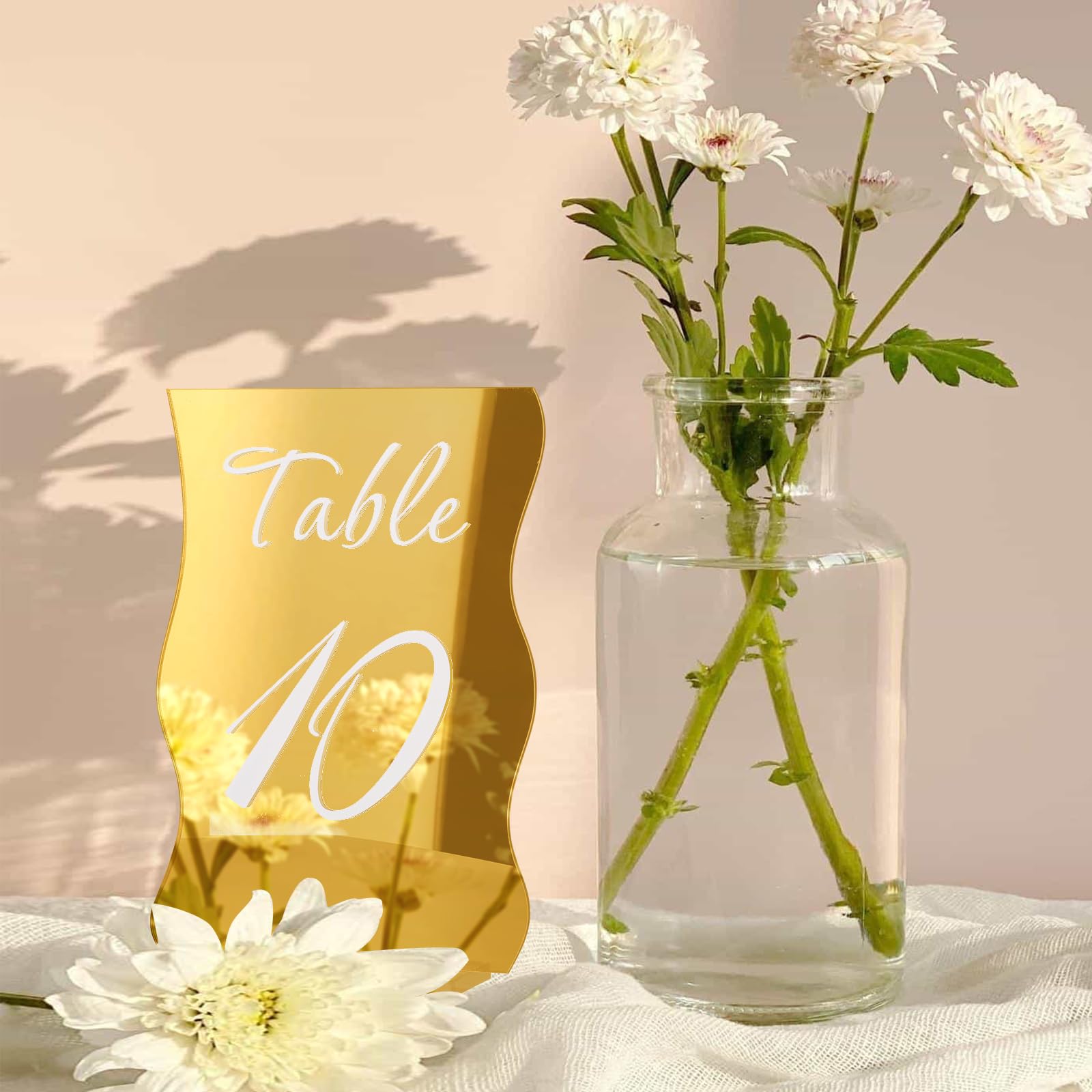 Gold Table Numbers 1-10 with Stands Holders 4.5"x6.7" Wave Elegant Wedding Acrylic Table Numbers Large Modern Mirror Table Number Signs for Party(Gold White Fonts,pack of 10)