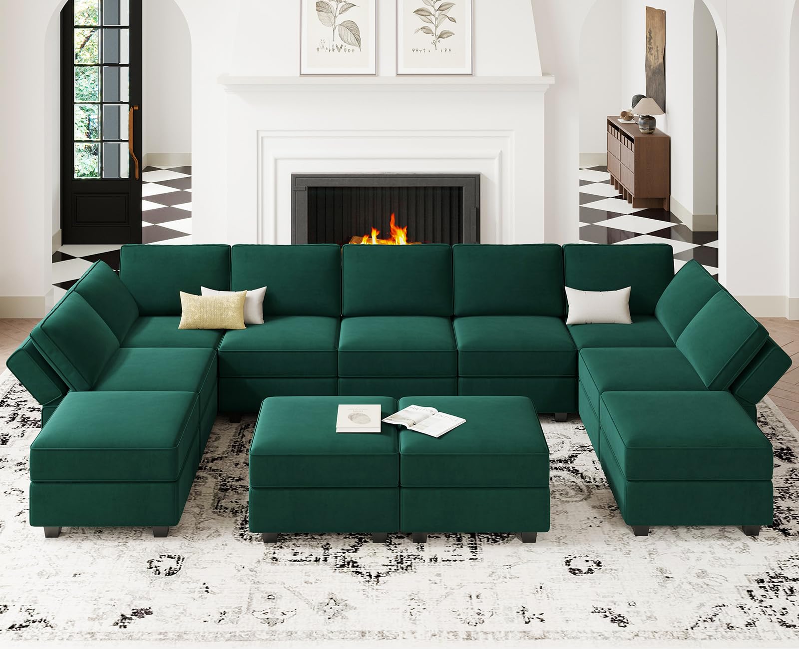 Belffin Oversized Modular Sectional Sofa Velvet U Shaped Couch with Storage Ottomans Modular Sectional Couch with Reversible Chaise Convertible Sectional Sleeper Sofa Velvet Green