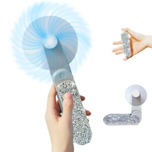 Mini Portable Bride Fan with Rhinestone Decor Bling Foldable Battery Operated Little Handheld Fan for Desk, Camping, Travel, & Outdoor Events for Bride（White)