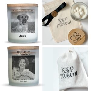 Custom Photo Candle | Printed on Glass | Memorial for Parent, Mother, Dad, Dog, Cat, Pet memorial | Condolence Remembrance, Light Remains | Engraved Lid | Scented, Soy Wax, USA Made | Keep&Present