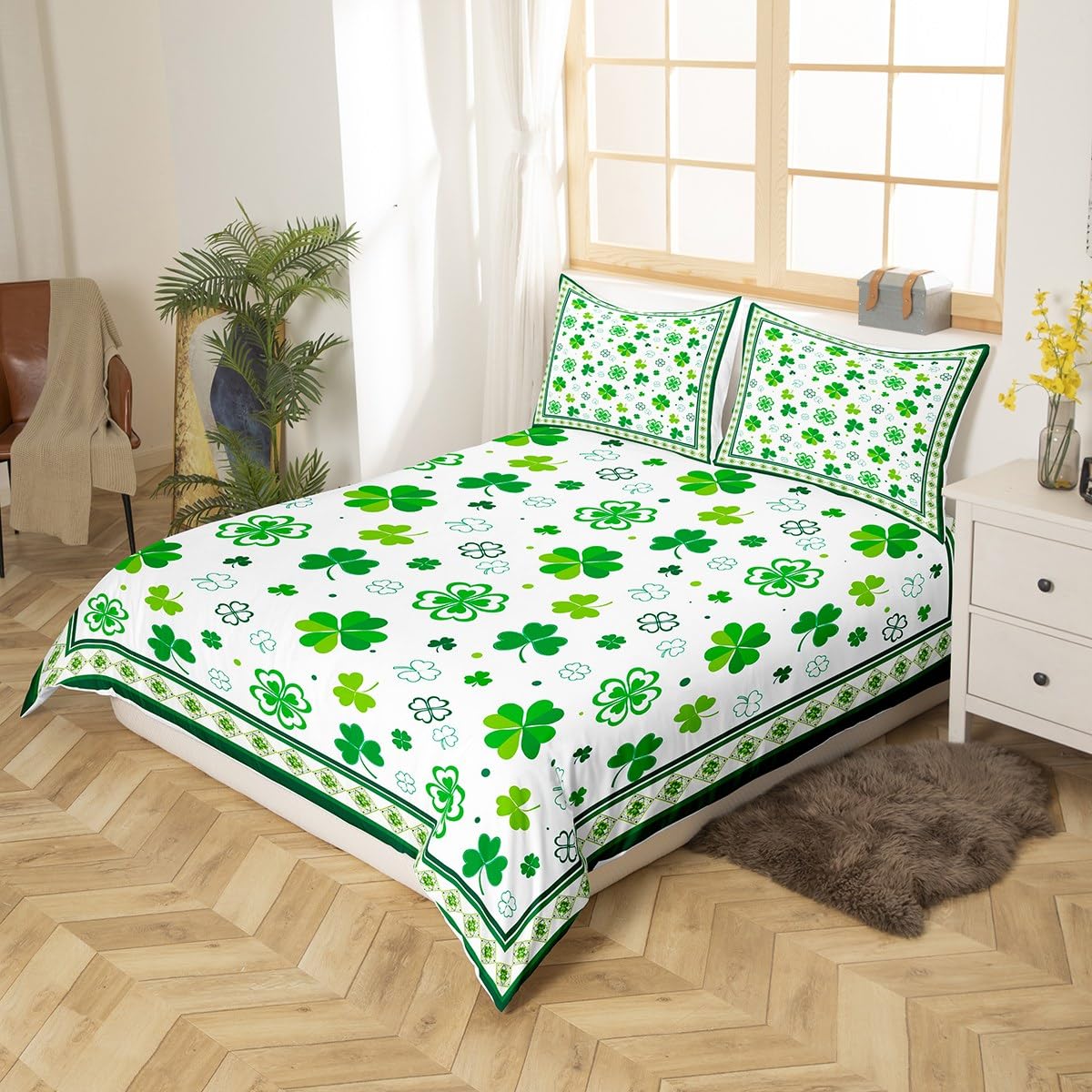 Manfei St. Patrick's Day Duvet Cover Set Queen Size, Lucky Clovers Comforter Cover with 2 Pillowcases, Green Shamrocks Bedding Set 3pcs for Kids Boys Girls Bedroom Decor Lightweight Bedspread Cover