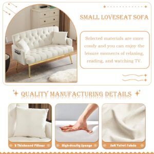 Small Velvet Loveseat Sofa, 55.5-inch Modern Sofa Couch with with 2 Side Pockets, Modern Tufted Sofa with Golden Metal Legs, Upholstered Space Saving Love Seat for Living Room, Bedroom, Office, Beige