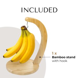 JS Gourmet Bamboo Banana Stand with Stainless Steel Hanging Hook, Ideal for Holding Bananas and Elevating Your Tabletop and Kitchen Décor