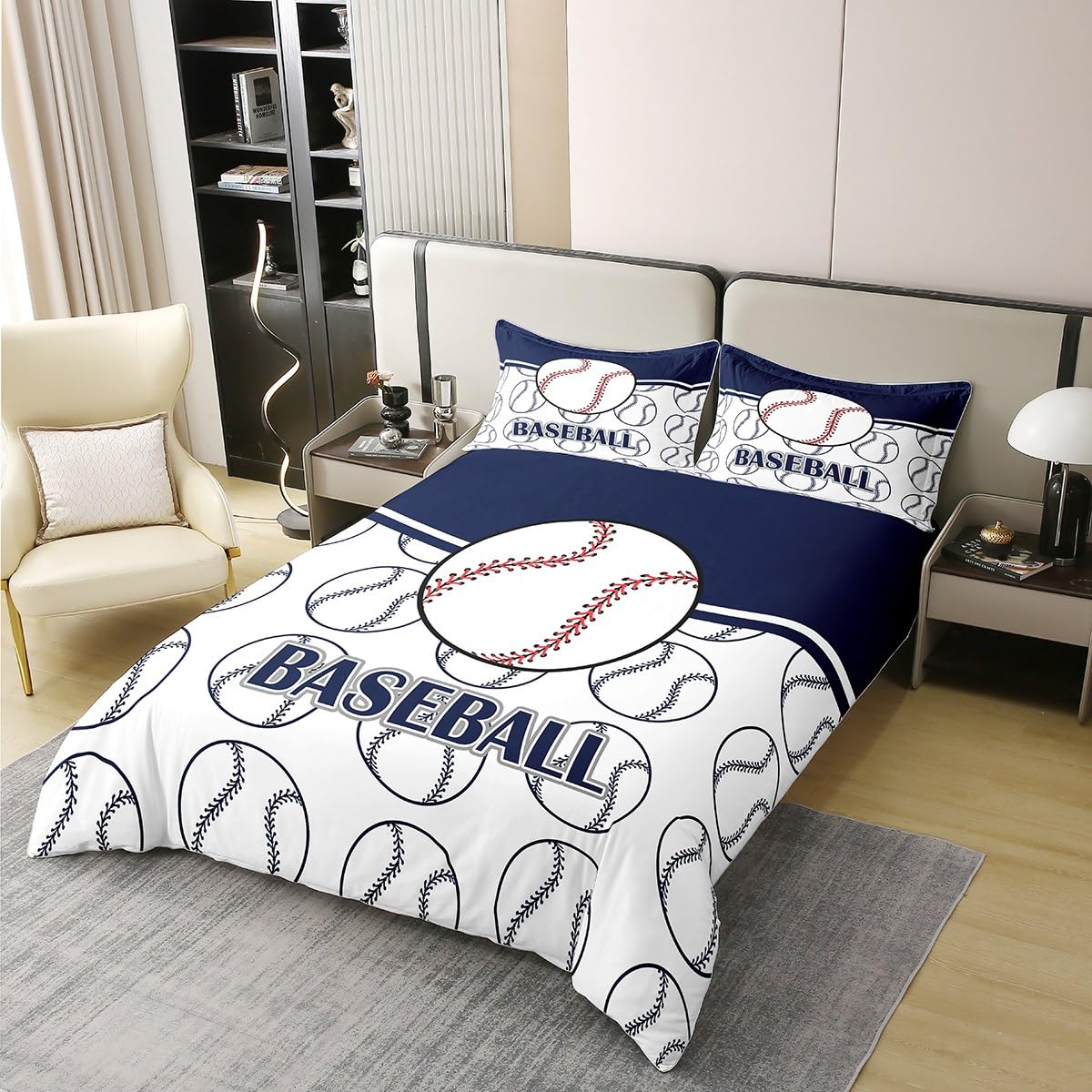 Baseball 100% Nature Cotton Duvet Cover,Hand Drawn Baseball Pattern Print Ball Game Bedding Set for Room Decor,Sport Theme Kids Adults Baseball All Season Bedding with Zipper Closure Full Size