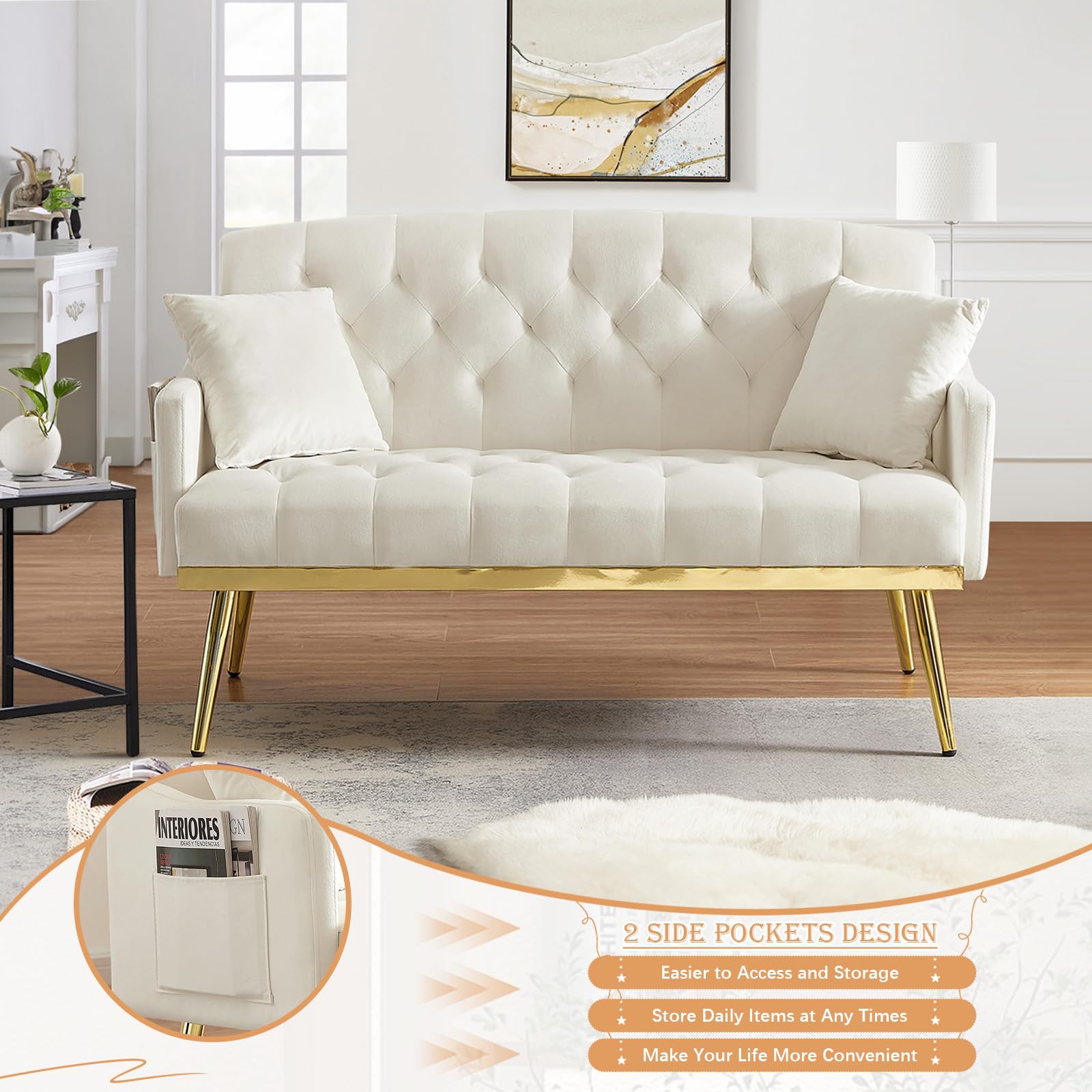 Small Velvet Loveseat Sofa, 55.5-inch Modern Sofa Couch with with 2 Side Pockets, Modern Tufted Sofa with Golden Metal Legs, Upholstered Space Saving Love Seat for Living Room, Bedroom, Office, Beige