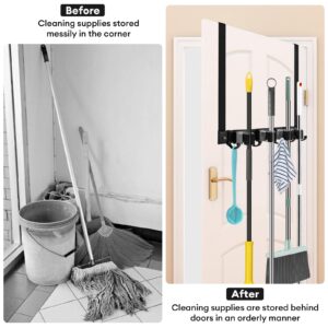 Over Door Broom and Mop Hanging Holder with Movable Sliding 4 Rack 5 Hook, Metal Mop and Broom Holder Wall Mount with 2 Over Door Hook, Door Mount Storage Organizer for Closet Garage Laundry Cabinet