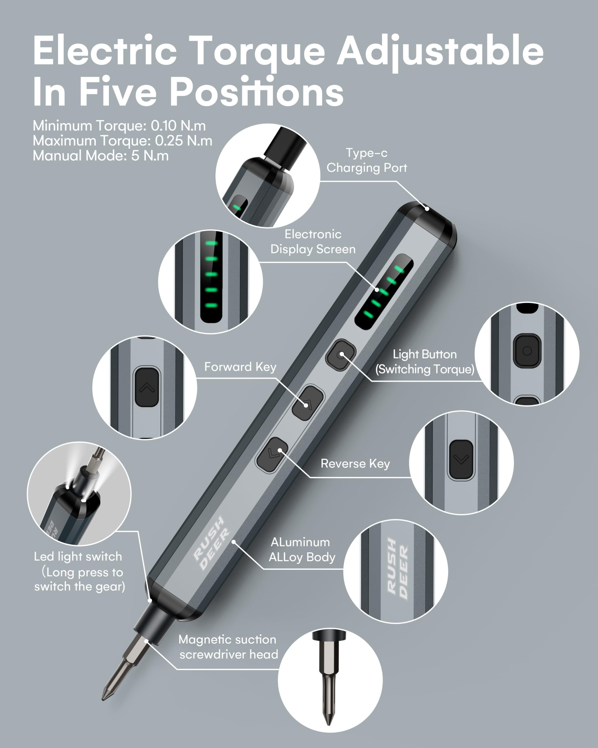 Rush Deer 70-in-1 Electric Screwdriver Set - Rechargeable Mini Precision Power Screwdriver with 64 Magnetic Bits, 5 Torque Settings, For Phone, Laptop, Camera - Cordless and Portable