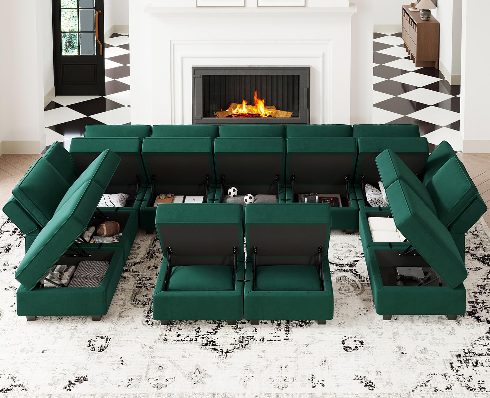 Belffin Oversized Modular Sectional Sofa Velvet U Shaped Couch with Storage Ottomans Modular Sectional Couch with Reversible Chaise Convertible Sectional Sleeper Sofa Velvet Green