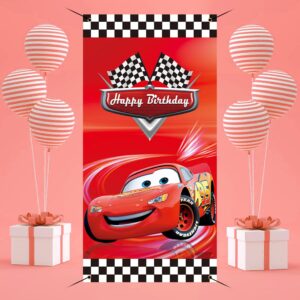 Generic 36x72inch Racing Car Cartoon Birthday Banner Cars Story Race Party Door Cover Black White Grid Flag Children Boys Happy Birthday Decoration Supplies, red