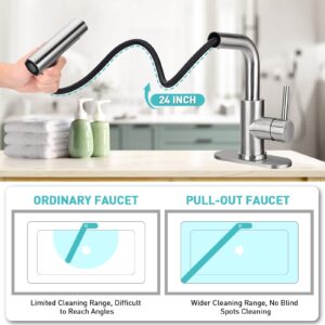 Bietor Bathroom Sink Faucet with Pull Down Sprayer, 4 Mode Brushed Nickel Bathroom Faucet, Single Handle Tall Bathroom Faucet 1 or 3 Hole with Pop-up Drain & Deck Mount Plate