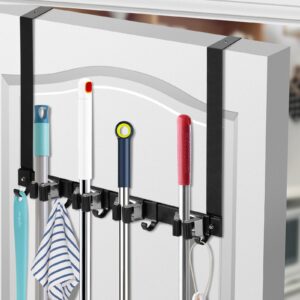 over door broom and mop hanging holder with movable sliding 4 rack 5 hook, metal mop and broom holder wall mount with 2 over door hook, door mount storage organizer for closet garage laundry cabinet