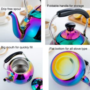 Whistling Tea Kettle for Stovetop Induction Stainless Steel Tea pot Whistle Kettles Gas Stove Top Fast Boiling Water Modern Rainbow Iridescent Color Mirror Finish 2 Quart