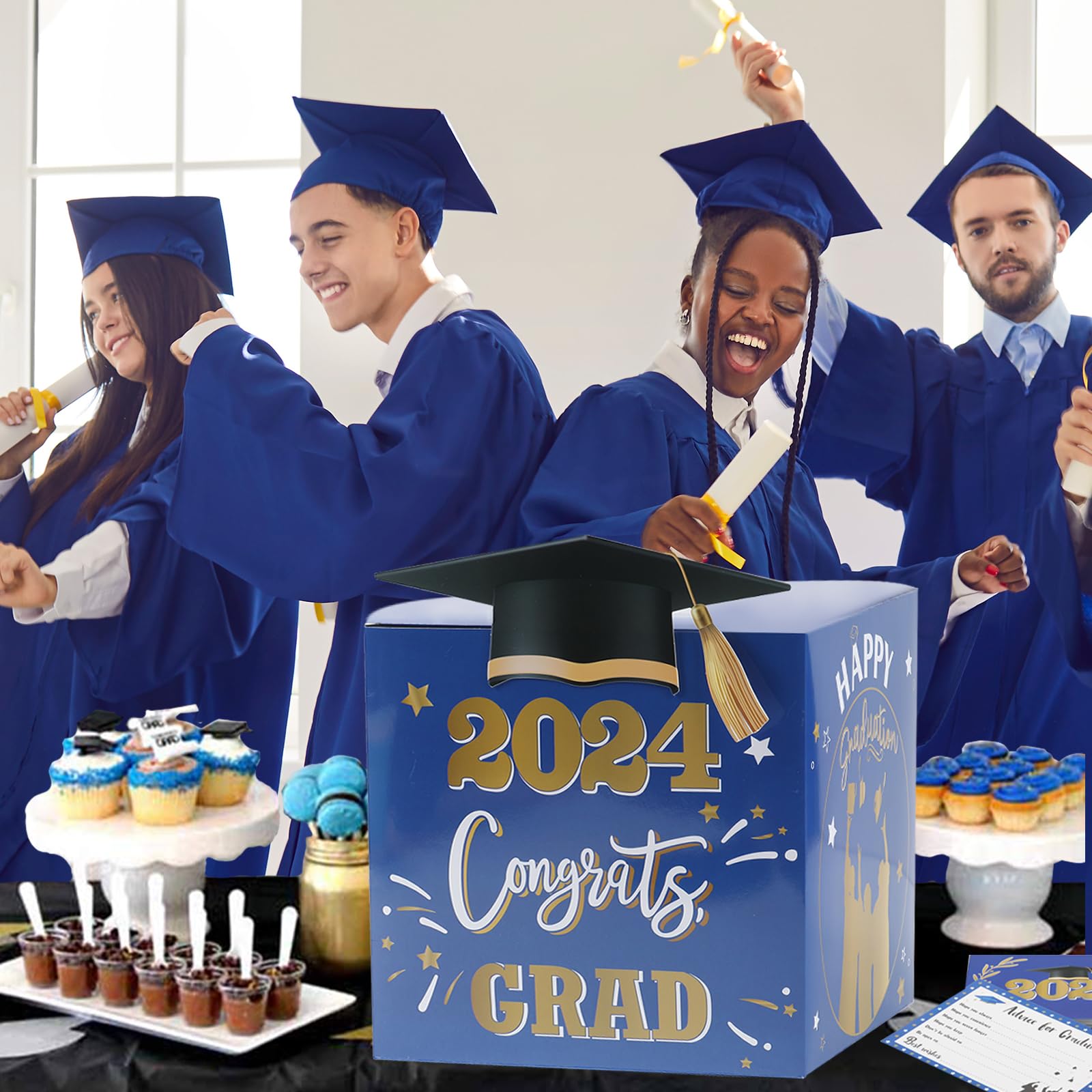 FengRise Graduation Cap Card Box, 2024 Class - Includes 36 Pcs Grad Cards, Blue Gold, Storage Box for Graduation Party Decorations, Gift Card Holder, Reusable, 7.87*7.87inch/20*20cm