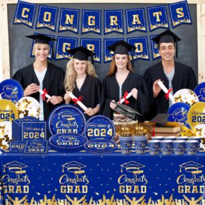 Graduation Decorations Class of 2024 Tableware Kit Blue and Gold Congrats Grad Plates and Napkins Disposable Graduation Party Supplies for Graduation Party Decorations (Blue)