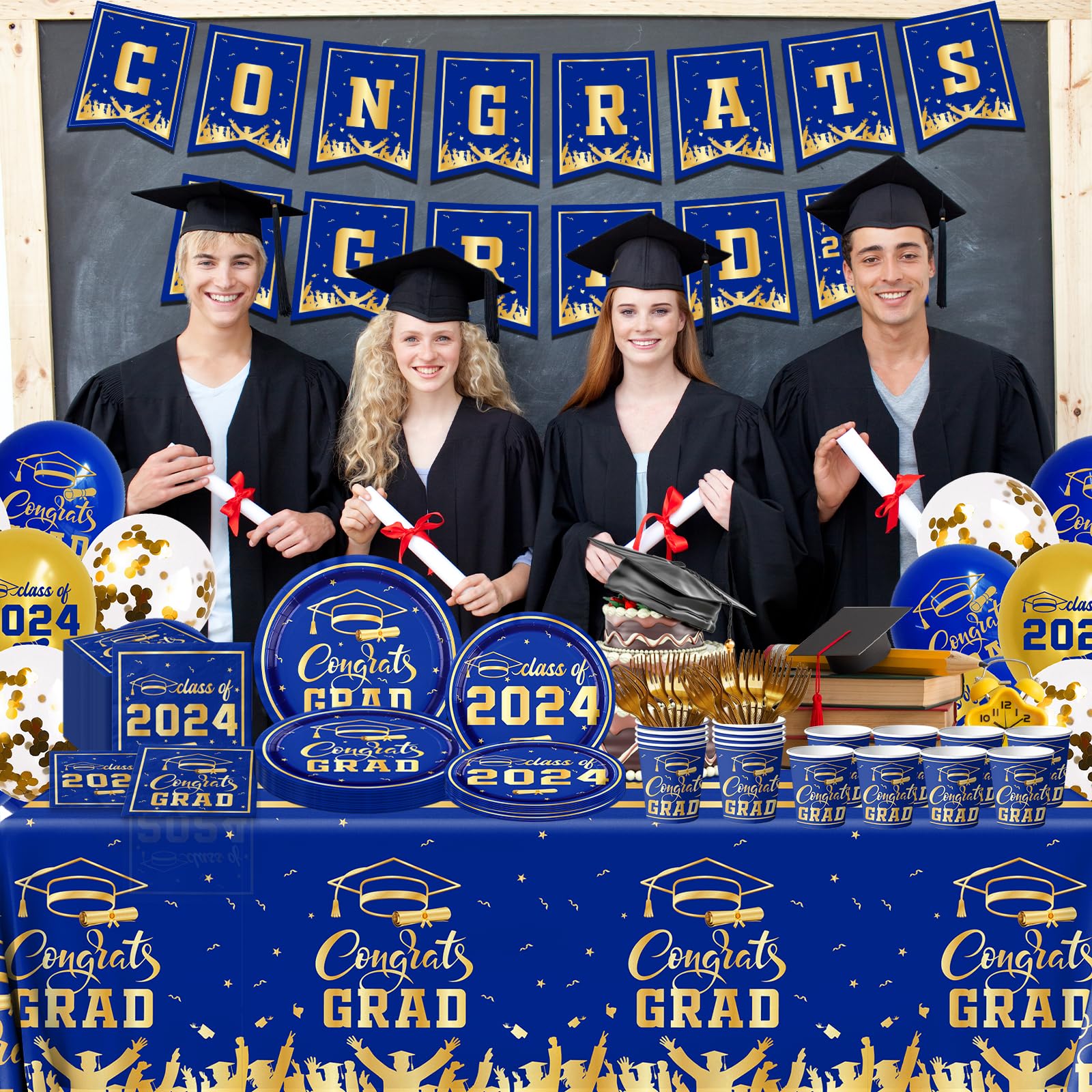 Graduation Decorations Class of 2024 Tableware Kit Blue and Gold Congrats Grad Plates and Napkins Disposable Graduation Party Supplies for Graduation Party Decorations (Blue)