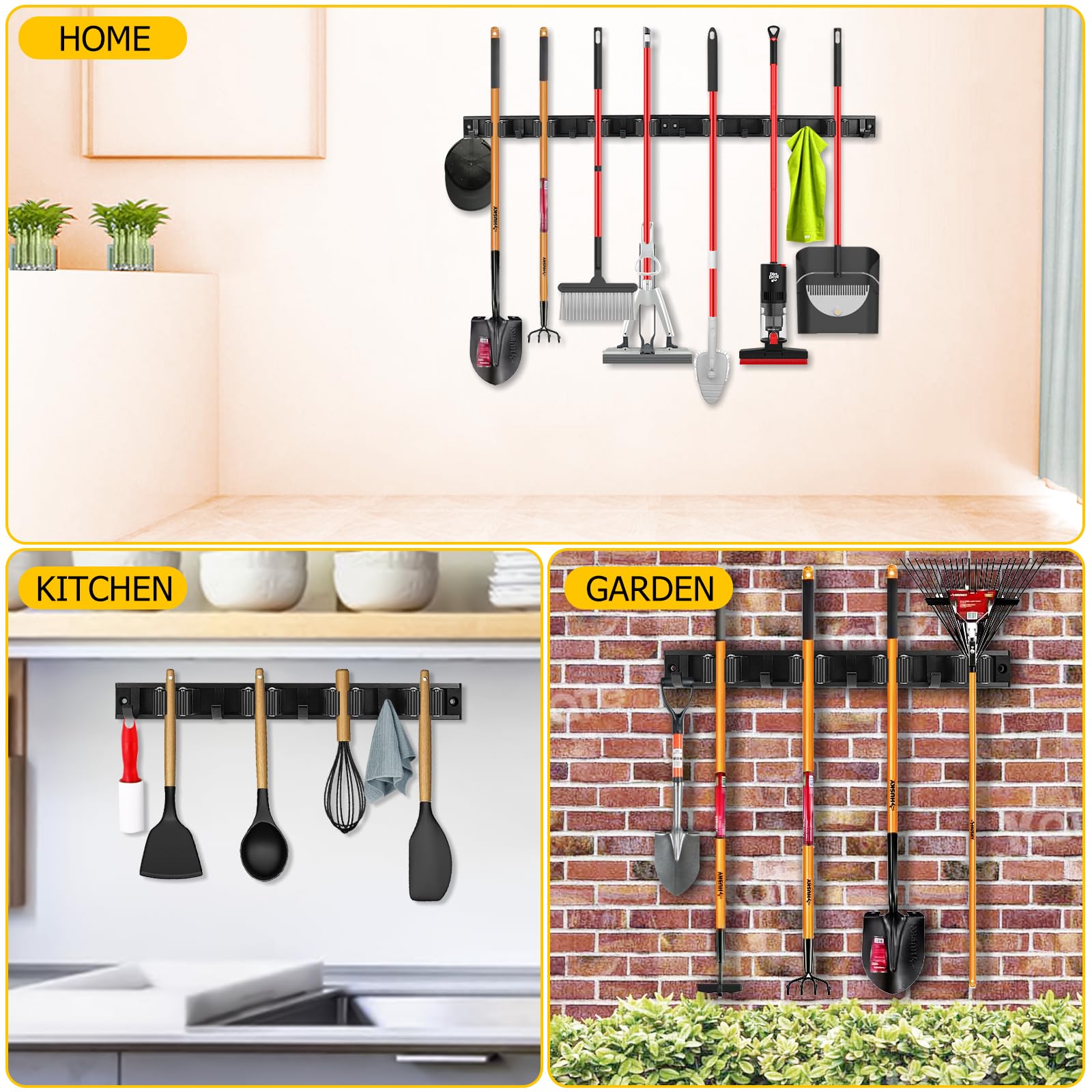 SLIIMU 30'' Broom and Mop Holder Wall Mount with Movable Sliding 7 Racks 8 Hooks, Storage Organizer Wall Hanger, Cleaning Tool Hanging Grippers for Kitchen Bathroom Garden Garage Laundry Home Closet