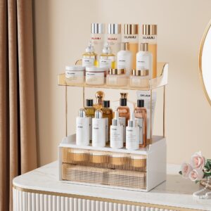 Delamu 2-Tier 2-Drawer Bathroom Organizer Countertop, Multi-Purpose Makeup Organizer Countertop, Large Skincare Organizers, Exquisite Vanity Organizer, Amber