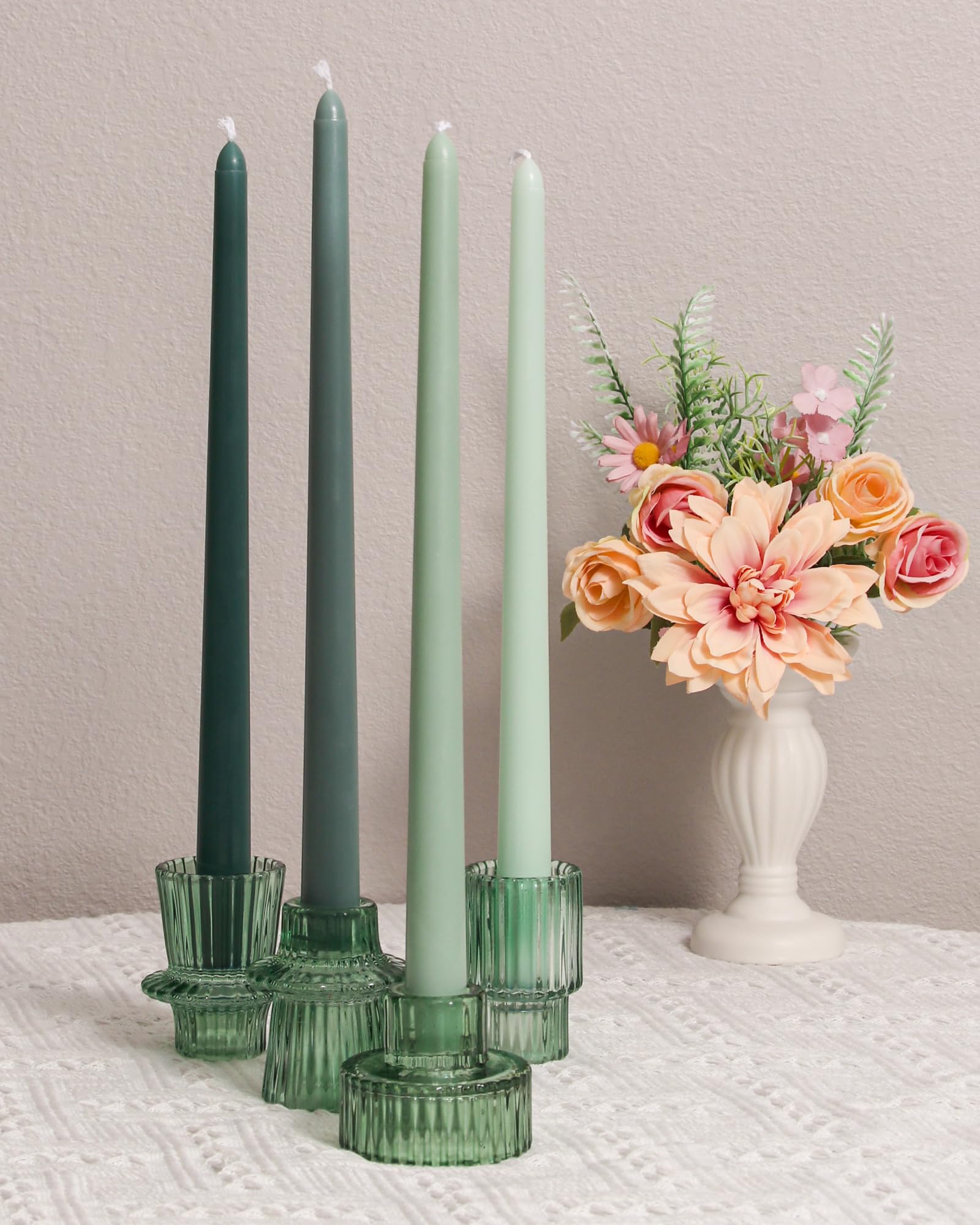 Viyffo Taper Candles 12 Inch Green Set of 4 Unscented, Dripless, Smokeless Long Tall Tapered Candlesticks Wedding Home Decor Dinner Natural Color Series