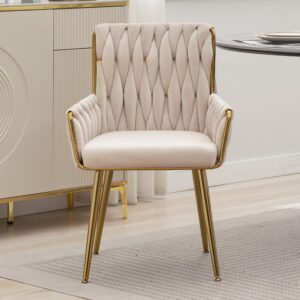 ABET Velvet Desk Chair 1PC, Modern Woven Armchair with Gold Metal Legs & Armrest, Comfy Upholstered Vanity Makeup Chair for Teen Girls & Women, Cute Office Chair for Bedroom, Living Room,Beige