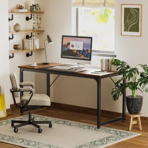 Huuger Computer Desk, 63 Inch Office Desk, Gaming Desk with Storage, Writing Desk Work Desk for Home Office, Study, Modern Simple Desk, Large Legroom, Metal Frame, Rustic Brown and Black