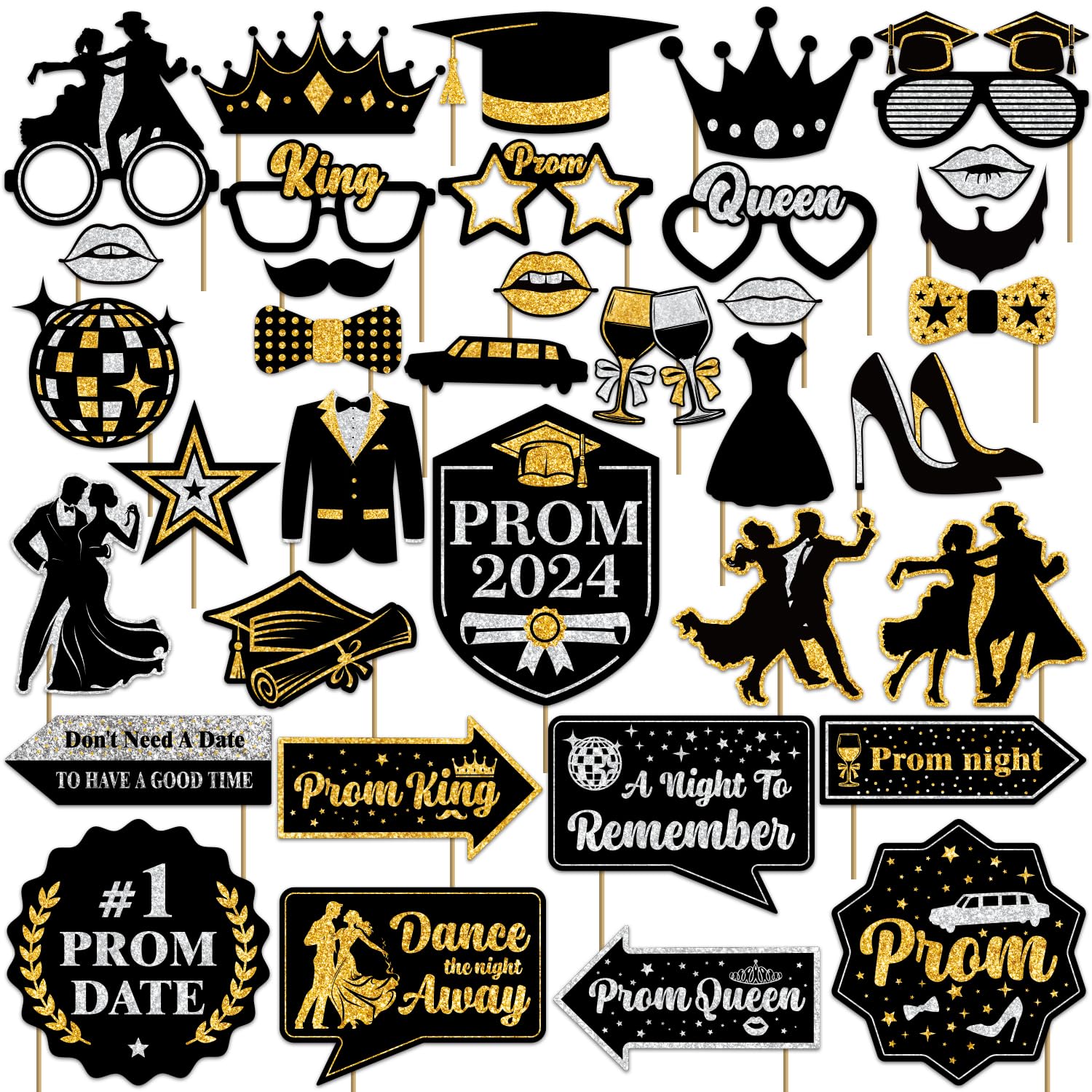 Julyshy 36pcs Prom Photo Booth Props, Prom Decorations for Party 2024, Prom Send Off Decorations 2024, Prom 2024 Decorations Selfie Prom Photo Props, Black and Silver Prom Decorations for Home