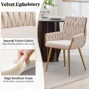 ABET Velvet Desk Chair 1PC, Modern Woven Armchair with Gold Metal Legs & Armrest, Comfy Upholstered Vanity Makeup Chair for Teen Girls & Women, Cute Office Chair for Bedroom, Living Room,Beige