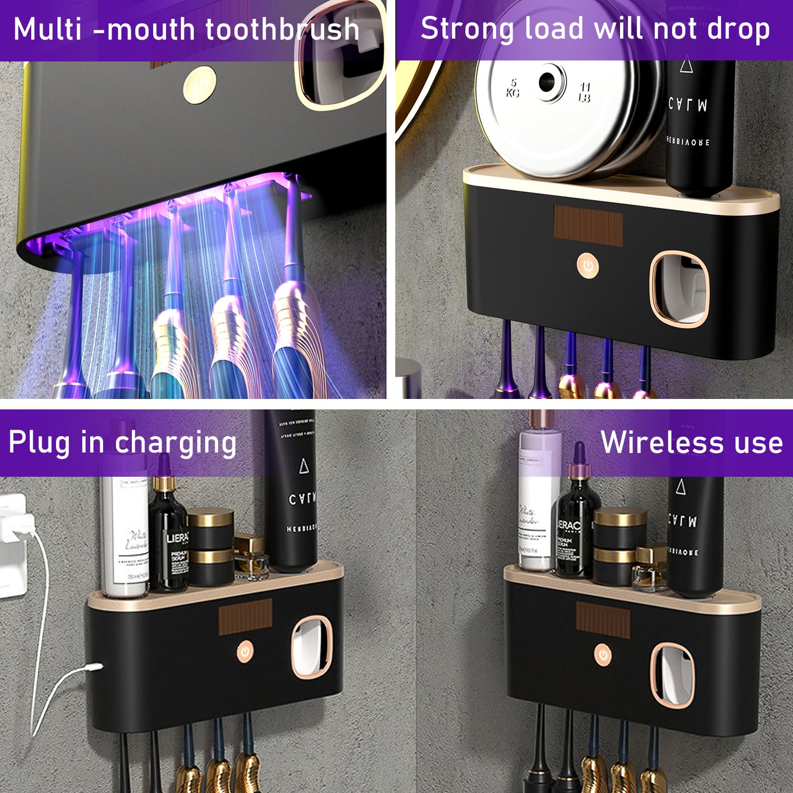 Toothbrush Holders Wall Mounted for Bathrooms, Toothbrush Holder with Automatic Toothpaste Dispenser, Electric Toothbrush Holder with Solar Charging, Toothbrush Organizer with 5 Brush Slots (Black)