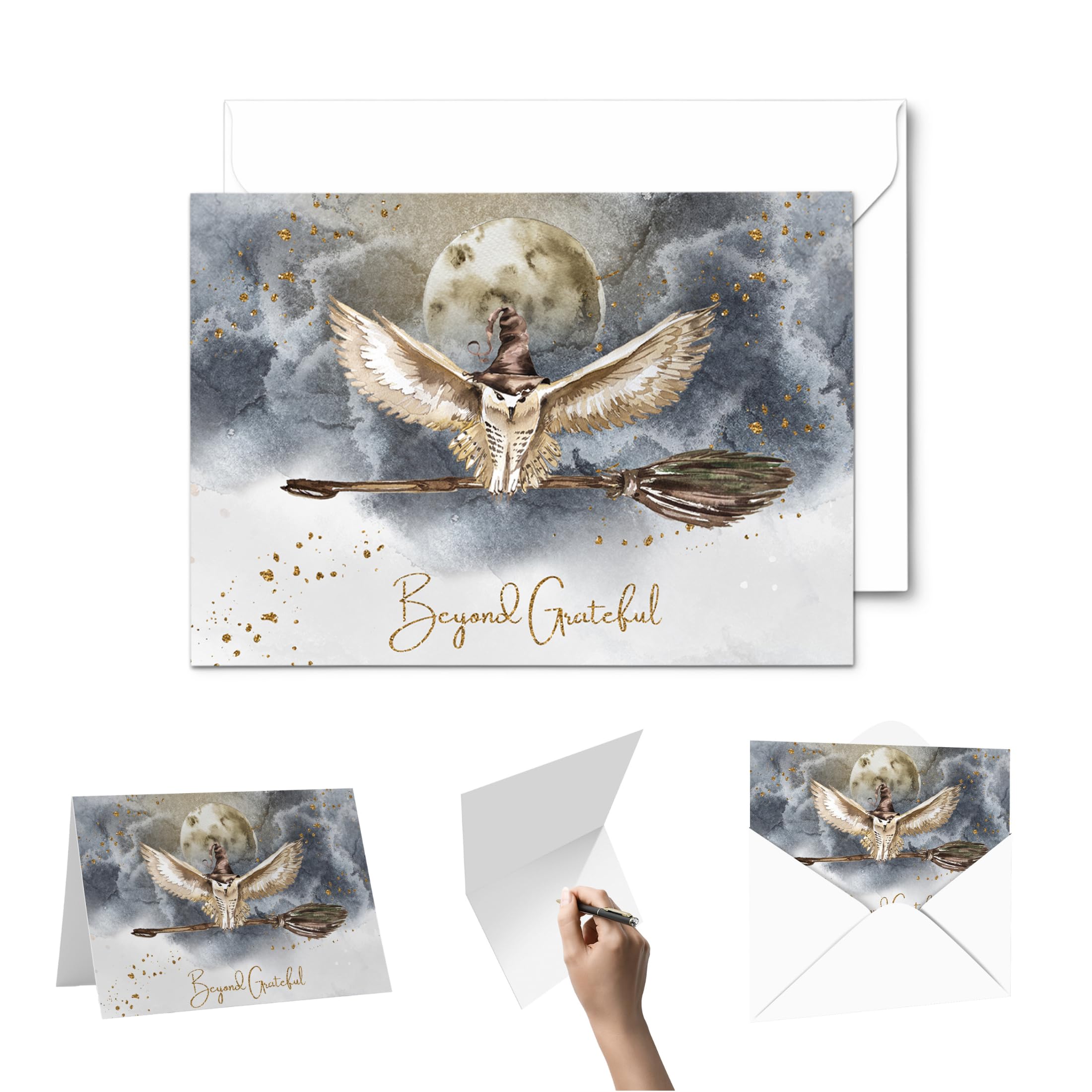 Paper Clever Party Magic Owl Thank You Cards for Bridal Shower, Wedding, Any Occasion, Blank Notecards with Envelopes Set, Folded Notes, 25 Pack