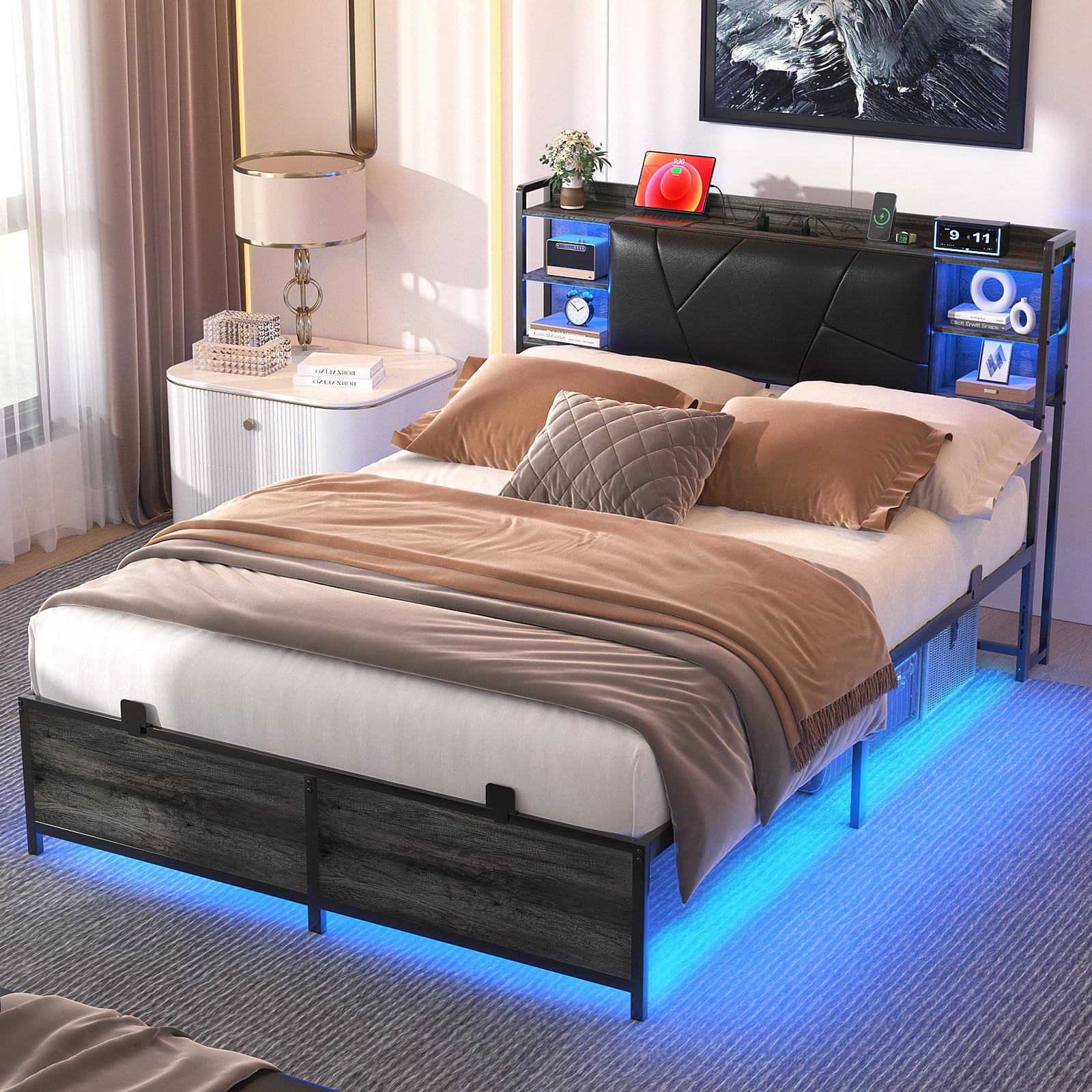 Unikito Full Size Bed Frame with Upholstered Headboard, Charging Station and RGB LED Lights, Stable Platform Bed, Heavy Duty Metal Slats, Noise Free, No Box Spring Needed, Easy to Assemble, Black Oak