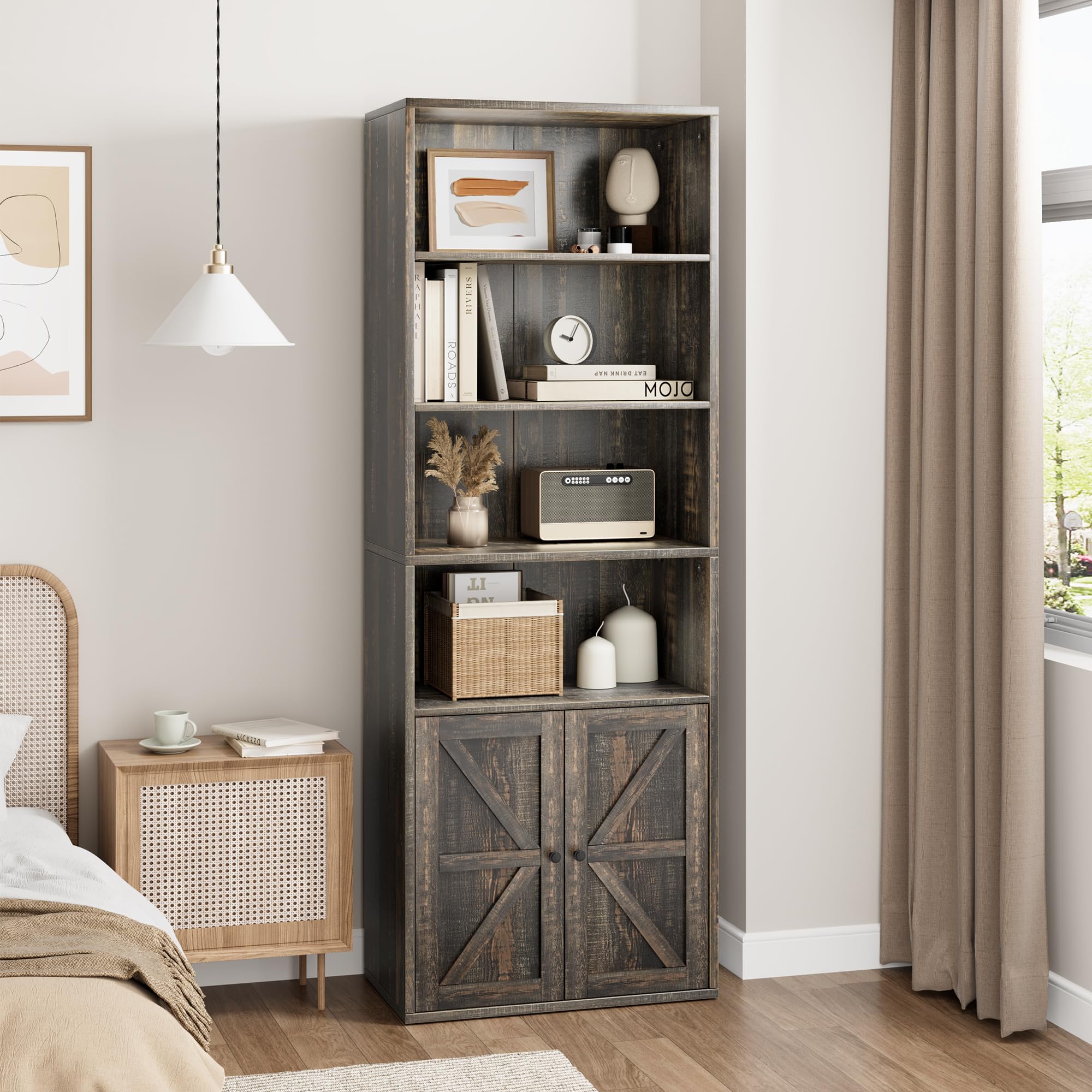 GAOMON Bookcase with Doors Farmhouse Bookshelf 11.8in Depth Wooden Display Storage Shelves 71.4in Tall Bookcases Industrial 6 Shelf Grey Bookshelves for Bedroom, Living Room, Home Office