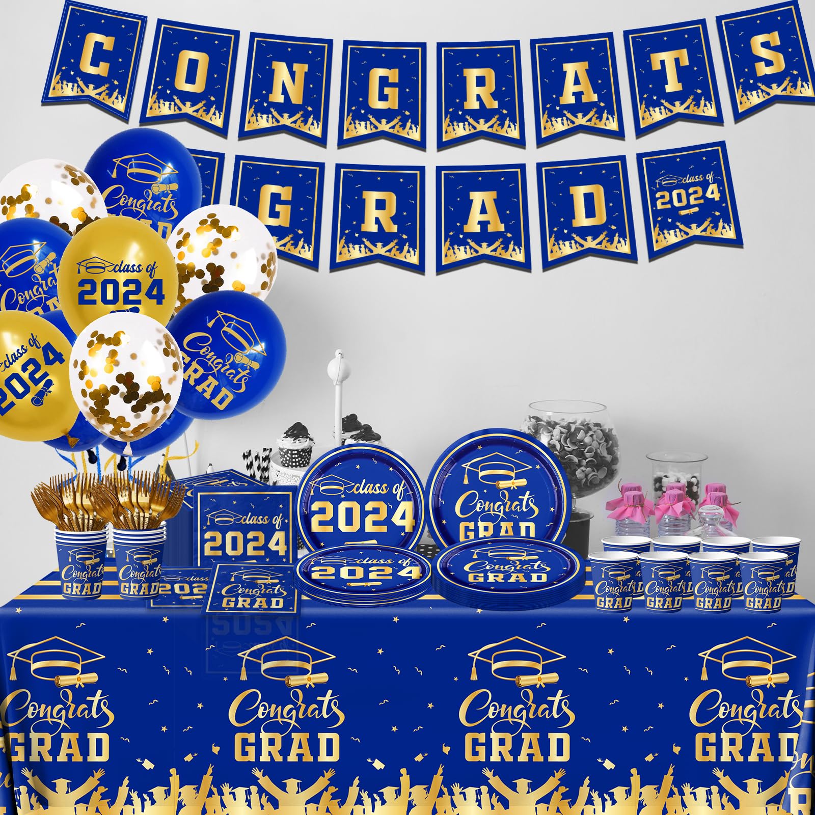 Graduation Decorations Class of 2024 Tableware Kit Blue and Gold Congrats Grad Plates and Napkins Disposable Graduation Party Supplies for Graduation Party Decorations (Blue)