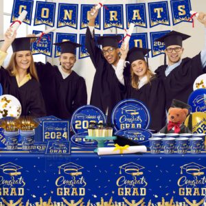 Graduation Decorations Class of 2024 Tableware Kit Blue and Gold Congrats Grad Plates and Napkins Disposable Graduation Party Supplies for Graduation Party Decorations (Blue)