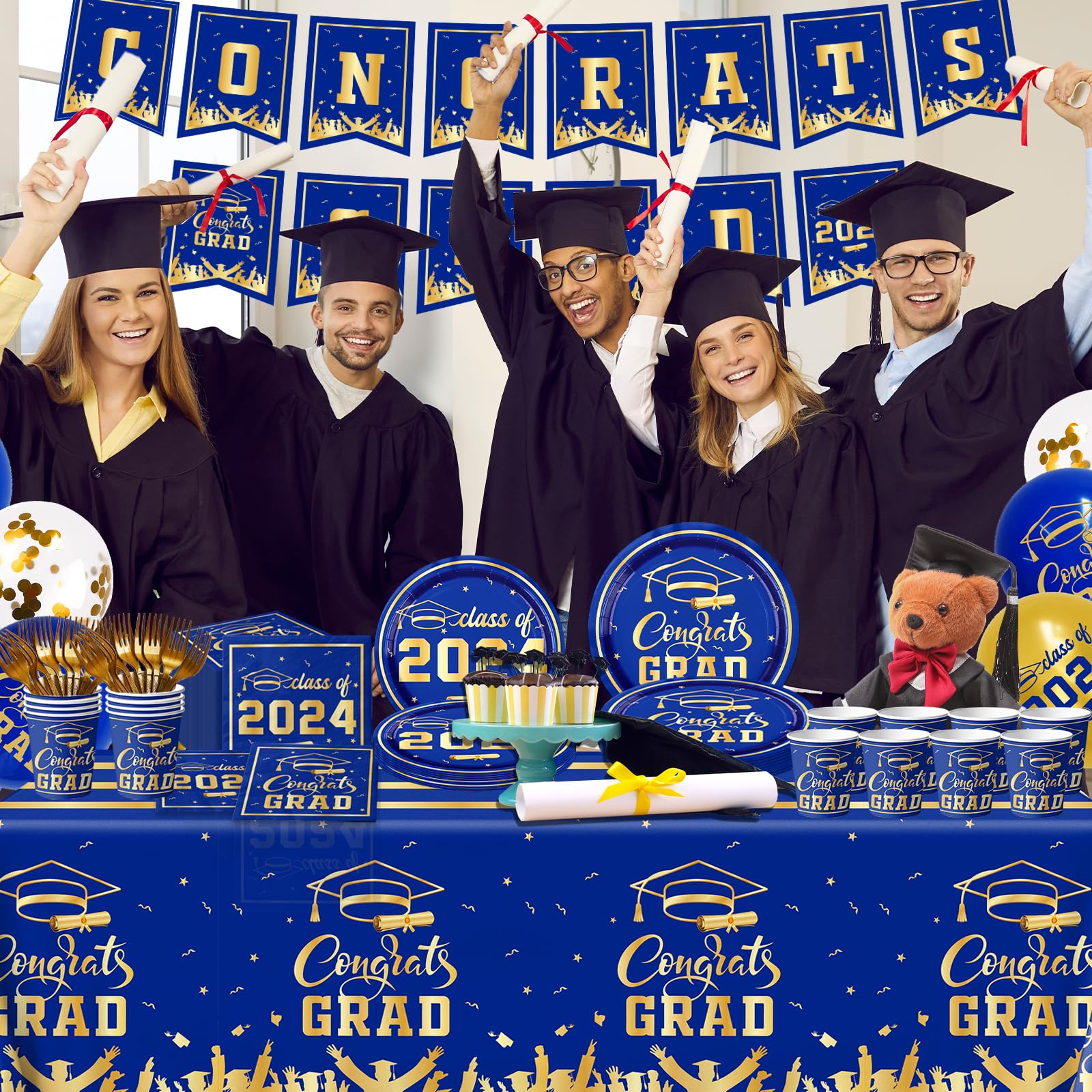 Graduation Decorations Class of 2024 Tableware Kit Blue and Gold Congrats Grad Plates and Napkins Disposable Graduation Party Supplies for Graduation Party Decorations (Blue)