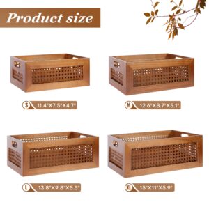 LaMorée Wooden Storage Basket Set of 4 Handmade Rattan Drawer Storage Box with Frame & Handles Decorative Natural Bamboo Woven Bins Rustic Farmhouse Decor Home Office Tabletop Shelf Organizer