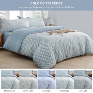 SAPHREAS Home Twin Light Blue Plaid Duvet Cover 100% Washed Cotton Soft Comforter Cover Simple Style 2pcs 1 Blue Grid Duvet Cover with Zipper Ties 1 Pillowsham