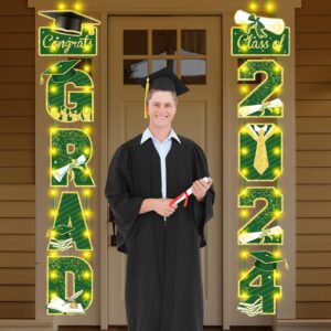 Graduation Party Decorations Green Gold Grad 2024 Porch Sign Door Banner with LED Light Class of 2024 Congrats Grad Banner Congratulation Party Hanging Sign for High School Graduation Party Decor